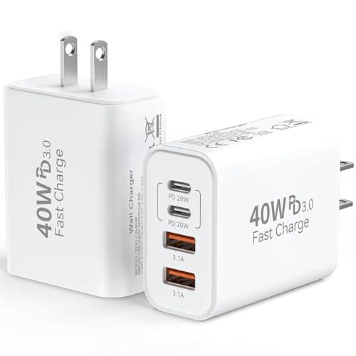 USB C Wall Fast Charger Block, 40W 4-Port Type C Charger Fast Charging Blocks PD Power Charger Adapter+QC 3.0 USB Multiport Charger Brick for iPhone 17/16/15/14/13/12 Pro Max, iPad, Galaxy S25-2Pack