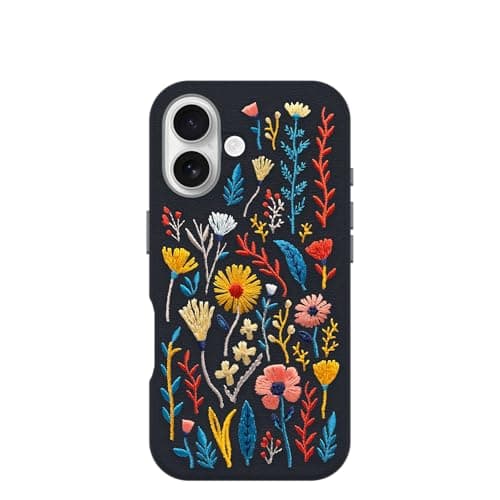 OtterBox iPhone 16 Symmetry Series Cactus Leather Embroidery for MagSafe - Enchanted Garden Blue - Textured, Embroidered Floral Artistic iPhone Case, MagSafe Compatible Embroidered iPhone Case