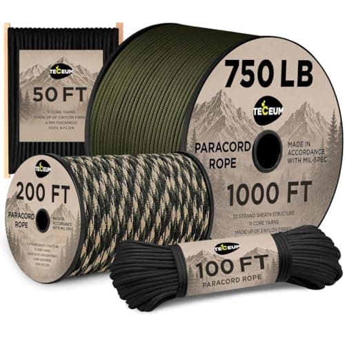 TECEUM Paracord Type IV 750 lb Black 016 – 100 ft – 4mm – Nylon Strong Tactical MIL–SPEC Parachute Cord – Survival Rope Emergency para Cord 11 Strands Core EDC Camping Hiking Military Gear 016a